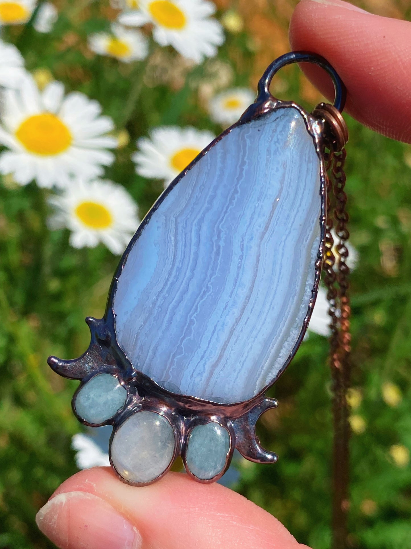 Blue Lace Agate, Aquamarine, and Moonstone Pendant