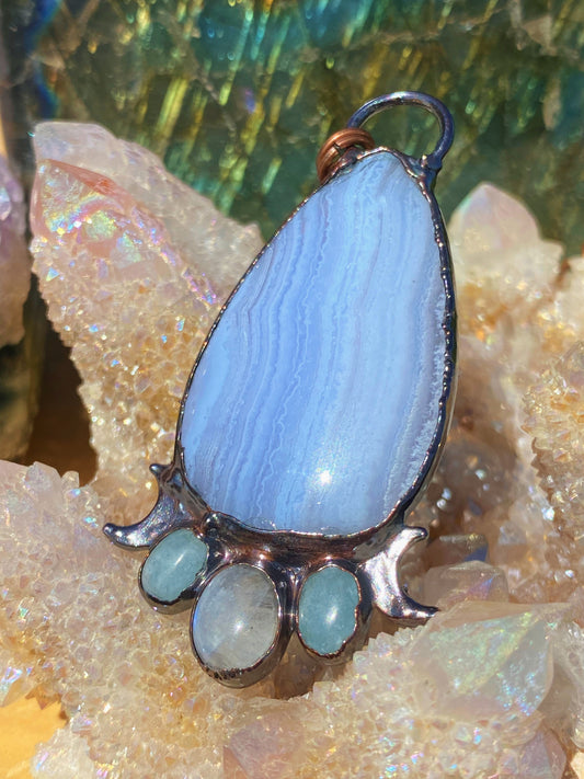 Blue Lace Agate, Aquamarine, and Moonstone Pendant