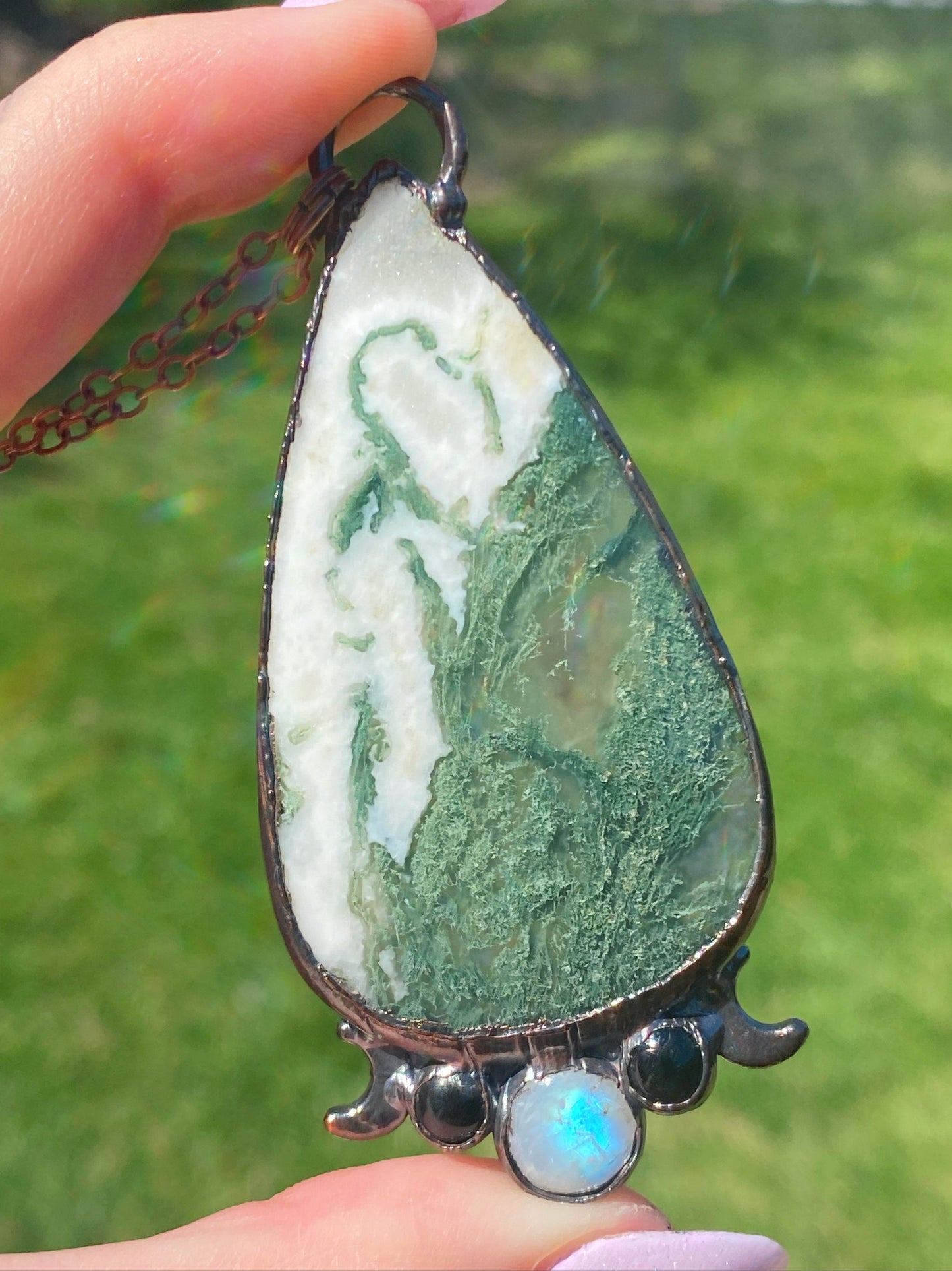 Moss Agate, Moonstone, and Obsidian Pendant